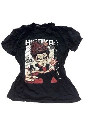 Black Short-Sleeve Anime Character Graphic Tee with Red Details